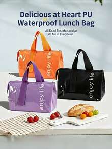Rectangular Letter Print Lunch Tote Bag, Glossy PU Outer Layer, Contrast Color Handle, Zipper Closure, Aluminum Foil Lining, Large Capacity Insulated Lunch Bag, Suitable For Women, Work, Office, Picnic, Beach, Camping, Travel, Spring/Summer Daily Use - Multiple Styles - View 4