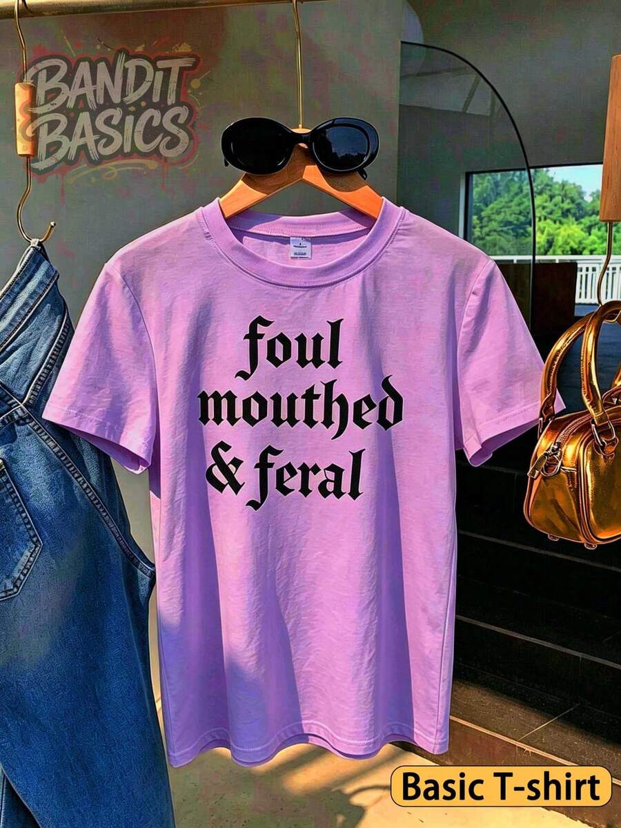 100% Cotton Crop Top T-Shirt With Gothic Lettering Foul Mouthed , On Wooden Hanger, Glasses, Blue Jeans, Indoor Staircase, Vacation Outfitswomen - 基礎T-紫色 - 查看 1