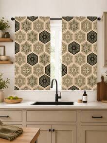 2PCS, Bohemian Hexagonal Floral Curtains, Vintage Mandala Tile Pattern Window Fabric, Pastoral Bohemian Style Living Room Bedroom Kitchen Decor - Multicolor - View 8