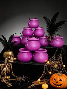 6pcs Halloween Green Mini Cauldron Witch Buckets Candy Jars With Handles, Witch Theme Party Decor, Lightweight Portable Candy Boxes, Reusable "Trick Or Treat" Candy Storage Containers, Black Plastic Witch Cauldron Decor, Suitable For Halloween Party, Home Decor, Autumn Decor And Room Arrangement, Plastic Witch And Pumpkin Bucket Props With Snap Closure, Halloween Decoration, Autumn/Winter Seasonal Decor, Gothic Halloween Gifts, Party Decoration Gifts - Purple - View 3