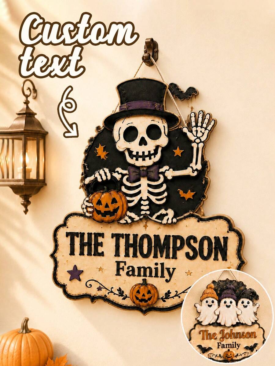 Custom Halloween Skeleton Family Door Sign, Spooky Personalized Wooden Hanging Plaque, Rustic Wall Decor, Customized Name Sign For Front Door, Porch & Entryway, Customizable Holiday Party Decoration, Fall Gift, Home Decor, Living Room Decor, New Home - Style C - View 1