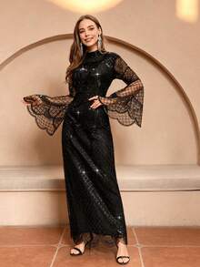 JINLICX Luxury Black Crystal Sequin Beaded High‑Neck Banquet Evening Gown - Black - View 2