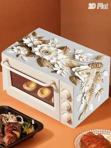 1件 白色金邊玫瑰花卉微波爐防塵罩 85*35cm 聚酯纖維廚房烤箱裝飾保護罩 - 白金花朵款 - 查看 12