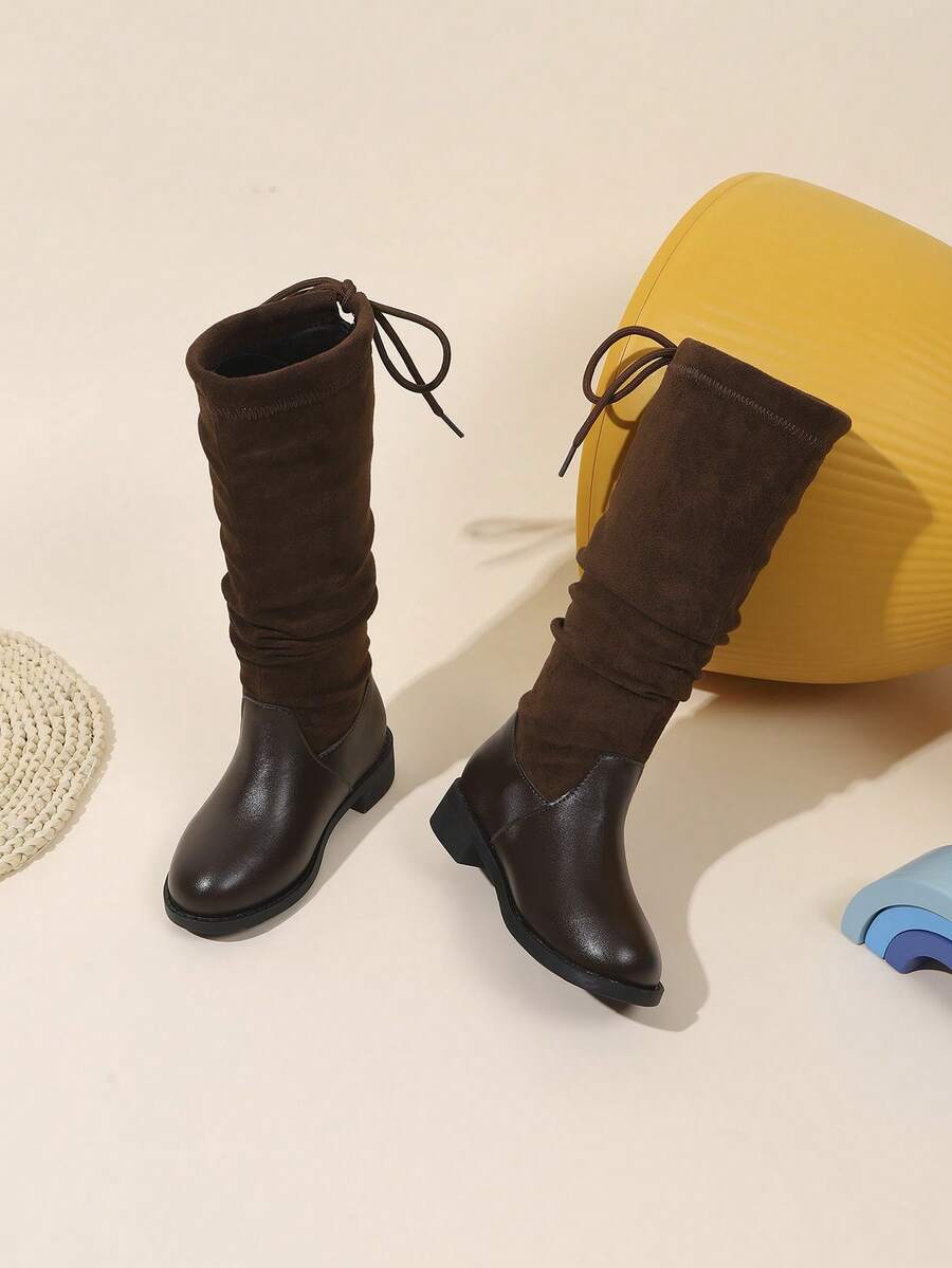1 Pair Vintage Pleated Suede PU Lined Low Heel Mid-Calf Boots, Girls' Style, Fashionable And Versatile, Suitable For Autumn/Winter Wear - Brown - View 1