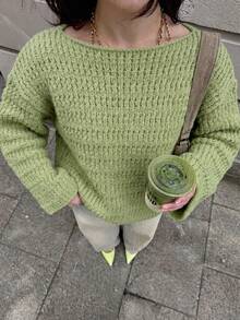 Women Boat Neck Crochet Knit Sweater, Big Flare Long Sleeve Loose Oversized Pullover, Fall Casual Textured Knit Top - Olive Green - View 4