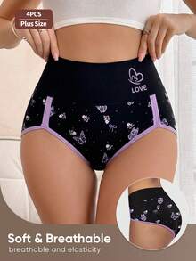 MEIYATING 4pcs Plus Size Women's Panties, Mid-High Waist Fashion Contrast Color Triangle Underwear - Multicolor - View 3