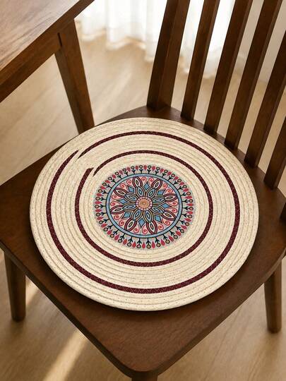 1pc Round Woven Seat Cushion, Boho Tight Braided Paper Rope Pad With Symmetrical Bohemian Floral Print Breathable Flat Mat For Dining Chair Living Room Bedroom Balcony Daily Sitting Decoration Use