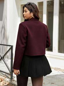 Autumn/Winter New Burgundy Stand Collar Double Pocket Zipper Wool Jacket, Elegant Casual Business Style For Office, Dating, Travel - Burgundy - View 3