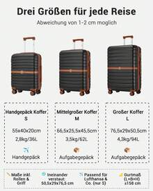 Kabinengröße Koffer 20/24/28 Zoll – ABS+PC Hartschalenkoffer mit TSA-Schloss & 360° Rollen, Handgepäck & Aufgabegepäck, für Damen, Herren, Familie, Studenten, Reisen & Urlaub – auch als 3-teiliges Gepäckset - Schwarz - Übersicht 3