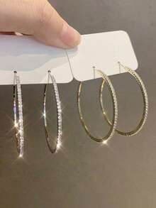 2pcs Silver Sparkling Circles-shaped Exaggerated Earrings For Women, Fashionable With Full Rhinestones - Silver - View 2
