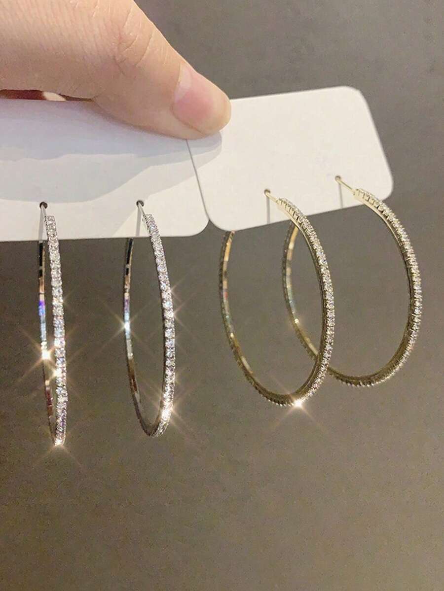 2pcs Silver Sparkling Circles-shaped Exaggerated Earrings For Women, Fashionable With Full Rhinestones