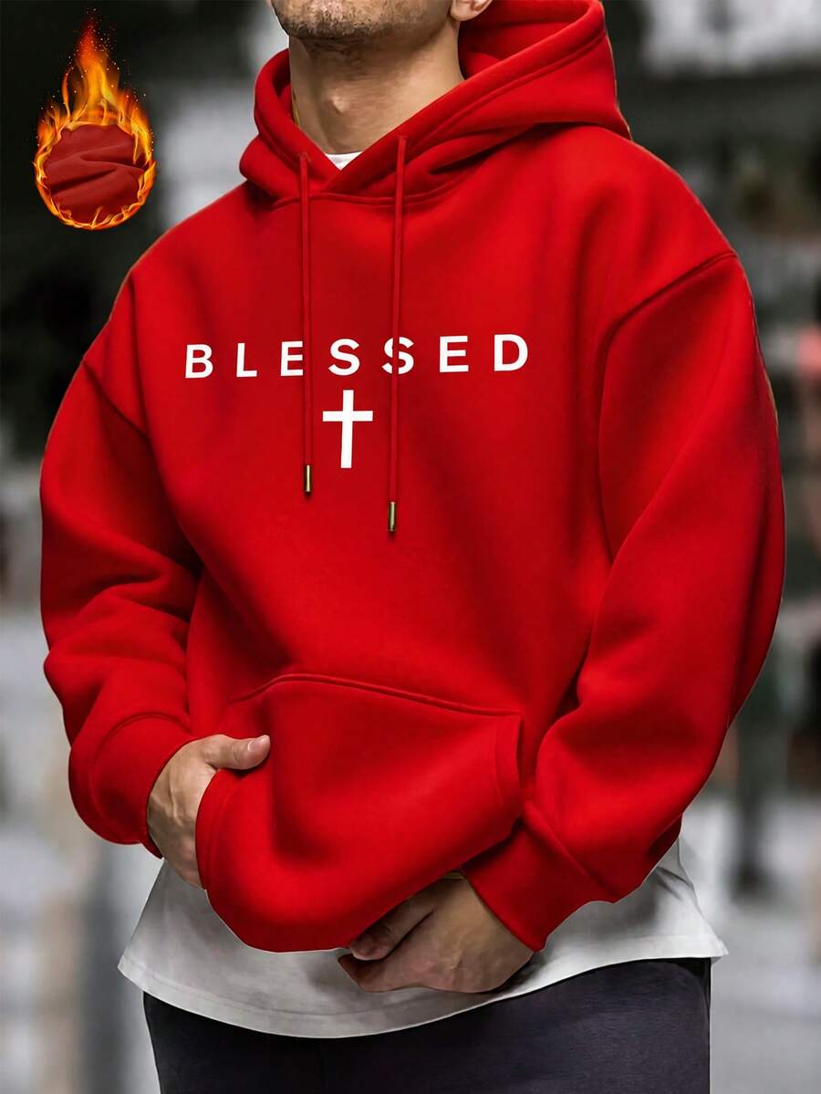Men Oversized Cozy Blessed Cross Hooded Sweatshirt, Basic Pullover Hoodie For Family Religious Events Daily Street Wear