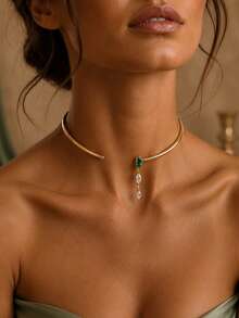 outingfit 1pc Women's Elegant Gold Open Collar Necklace, Embellished With Green Marquise Drop Teardrop Decor, Suitable For Wedding, Party, Date And Vacation Wear - Gold - View 1