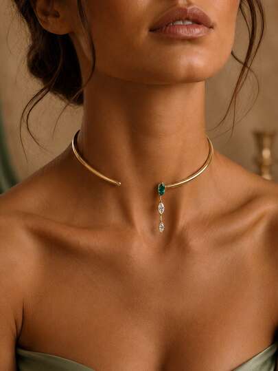 outingfit 1pc Women's Elegant Gold Open Collar Necklace, Embellished With Green Marquise Drop Teardrop Decor, Suitable For Wedding, Party, Date And Vacation Wear