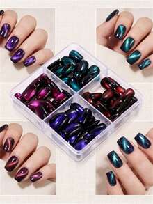 96pcs/Box Short Square Glossy Cat Eye Press-On Nails, Deep Red/Purple/Green/Blue Cat Eye Mixed Color Full Coverage Square Cat Eye Nail Stickers - Multicolor - View 8