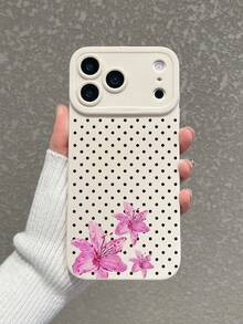 1pc Beige Polka Dot Pink Lily Print Phone Case, Cream Matte Texture Full Lens Protection Anti-Drop TPU Soft Shell, Ins French Gentle Fresh Girly Style Phone Case; Suitable For Valentine's Day, Easter, Mother's Day, Father's Day, Independence Day, Halloween, Thanksgiving, Christmas, New Year, Birthday, Back To School Gifts, Compatible With IPhone Case & Galaxy Case - White - View 1