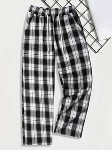 Men's Summer Drawstring Waist Plaid Casual Everyday Loungewear Long Pants - Black and White - View 2
