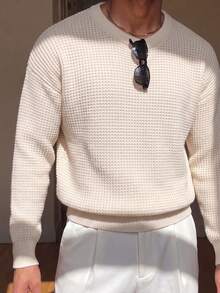 Men's Thick Ribbed Knit Crew Neck Sweater, Loose Fit Comfortable Long Sleeve Suitable For Autumn/Winter Wear - Camel - View 4