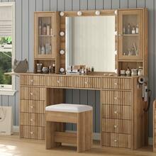 FUSOU Dressing Table With Mirror & LED Lights, Vanity Desk With 12 Drawers, 2 Cabinets, Fold-Up Panel, Glass Top & Chair, White Makeup Table For Bedroom - Natural - View 6