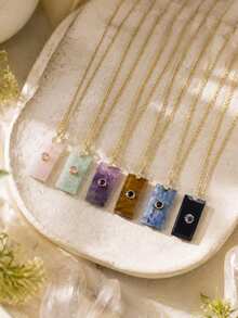 1pc Women's Amethyst Necklace Crystal Rectangle Pendant With Zirconia Natural Stone Stainless Steel Chain Fashion Jewelry H936 - Necklace - View 2