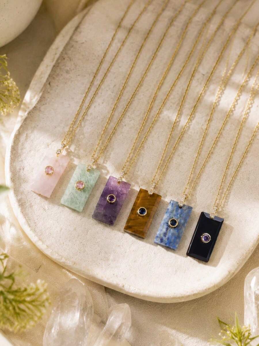 1pc Women's Amethyst Necklace Rectangular Crystal Pendant Inlaid With Zirconia Natural Stone Stainless Steel Chain Fashion Jewelry H936 - Necklace - View 1