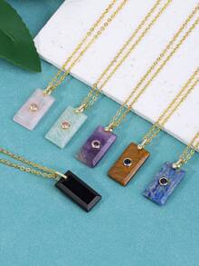 1pc Women's Amethyst Necklace Crystal Rectangle Pendant With Zirconia Natural Stone Stainless Steel Chain Fashion Jewelry H936 - Necklace - View 4