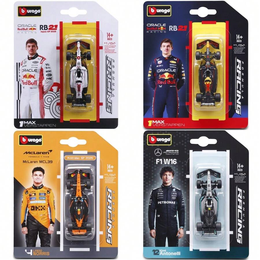 Burago - F1 1/64 比例合金車模，精細 F1 單座賽車複刻模型，收藏級泡殼包裝，建議年齡 14+