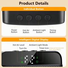 Hailicare 1000W Portable Desktop Electric Heater Fan, 2 Heat Settings, 4 Timer Settings, PTC Ceramic Heating, Indoor Small Space Heater, Suitable For Bedroom And Office, Compact Design, Ideal For Winter Use - Black - View 9
