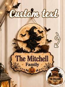 Custom Halloween Witch Door Sign, Spooky Personalized Wooden Hanging Plaque, Rustic Wall Decor For Front Door, Porch, Entryway, Customized Family Name Sign, Customizable Name Holiday Party Accent, Fall Gift, Home Decor, Living Room Decor, New Home - Style B - View 1