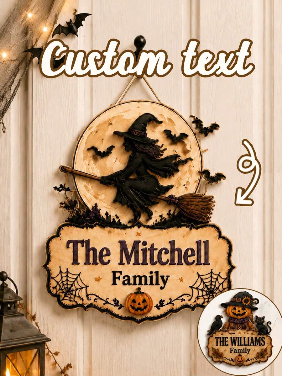 Custom Halloween Witch Door Sign, Spooky Personalized Wooden Hanging Plaque, Rustic Wall Decor For Front Door, Porch, Entryway, Customized Family Name Sign, Customizable Name Holiday Party Accent, Fall Gift, Home Decor, Living Room Decor, New Home - Style B - View 1