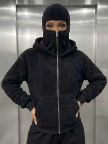 Women's Casual Fleece Balaclava Zip Up Mask Hooded Sweatshirt , Loose Fit, Face And Head Coverage, Autumn/Winter , Black Fall - Black - View 3