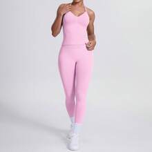 2pcs Women's Fitness Workout Set, Seamless Yoga Halter Top, High Waist Butt-Flattering Leggings, Gym Training Sportswear Pink - Pink - View 9