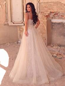 Elegant Women's Sleeveless Spaghetti Strap Maxi Mermaid Sequin Dress With Beaded And Pearl Detailing, Perfect For Formal Events And Prom - Champagne - View 3