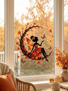 1pc Autumn Leaf Dancer Silhouette Window Sticker, Glue-Free PVC Static Cling, Creative Aesthetic Maple Leaf & Butterfly Glass Decal, Autumn Atmosphere Art Window Sticker - Multicolor - View 2