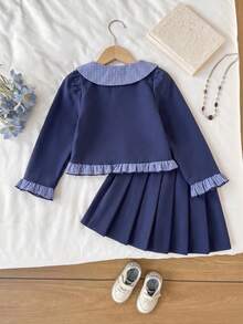 2pcs/Set Girls' Casual Preppy Style Turn-Down Collar Plaid Ruffle Blouse & Pleated Skirt Set, Autumn - Royal Blue - View 3