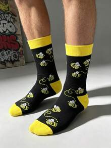 1 Pair Men's Black With Yellow Trim Cartoon Bee Pattern Mid-Calf Socks, Streetwear Style, Suitable For Daily Wear/Skateboarding/Holiday Gift - Multicolor - View 3