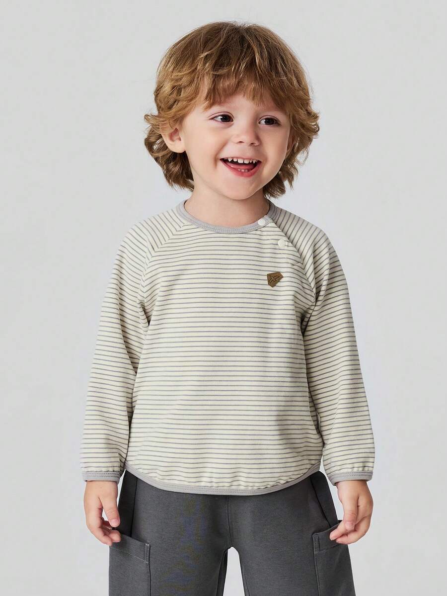 mini bala Boys & Girls Long Sleeve Striped T‑Shirt, Soft Raglan Sleeve Baby Basic Top, 2026 Fall Must‑Have - White Grey Tone - View 1