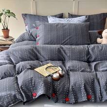 3/4-teiliges Bettbezug-Set aus garngefärbtem Stoff, heller Kontrastfarben-Stil, Knopfdekor, weich & bequem Schlafzimmer-Bettwäsche, atmungsaktive weiche Ganzjahres-Bettwäsche, enthält 1 Bettbezug, 1 Bettlaken, 1 oder 2 Kissenbezüge, ohne Füllung, geeignet für Schlafzimmer, Wohnung, Heimgebrauch, mehrere Größenoptionen - marineblau - Übersicht 3
