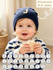 1PC Newborn Baby Caps Beanie A-Z Letter Cap Bonnet Newborn Photography Breathable & Comfortable For All Seasons, Suitable For 0–3 Years Old - Navy Blue - View 1