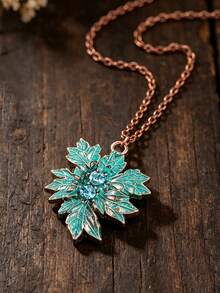 1pc Fashion Distressed Vintage Green Leaf Pendant Necklace, Women's High-End Style Synthetic Rhinestone Leaf Pendant Necklace - Red Copper - View 7