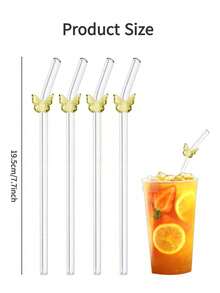 2/4pcs Yellow Butterfly Shaped Glass Drinking Straws, Suitable For Water Cups, Reusable Curved Transparent Thickened Glass Straw Tableware Set, Kitchen Accessories, Straw Caps, Cold Drinks, Milk Tea, Coffee, Bar, Home, Restaurant, Holiday Supplies, Summer - View 3