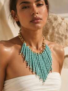 Collier exagéré style bohème avec perles turquoise et franges, collier ras-du-cou multi-couches avec chaîne trombone dorée et franges, convient aux femmes pour les vacances d'été à la plage et les fêtes - Multicolore - Voir 3