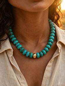 1pc Vintage Elegant Bohemian Style Women's Oval Turquoise Acrylic Beaded Necklace, Suitable For Daily Wear And Vacation, Perfect Gift Choice - Turquoise - View 2