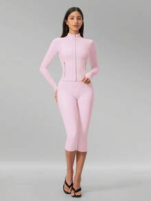 Bộ đồ yoga đa năng nữ MFVIM, áo khoác ôm sát mềm mại thân thiện với làn da + quần legging capri nâng mông thu gọn dáng kiểu quần cưỡi ngựa - Hồng - Xem 8