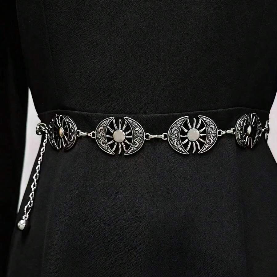 Women's Bohemian Style Oval Hollow Sun Metal Waist Chain, Vintage Versatile Body Chain For Dresses