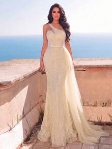 Faeriesty Haute Glamour Luxury One-Shoulder Sheer Layered Beaded Formal Evening Gown - Champagne - View 2