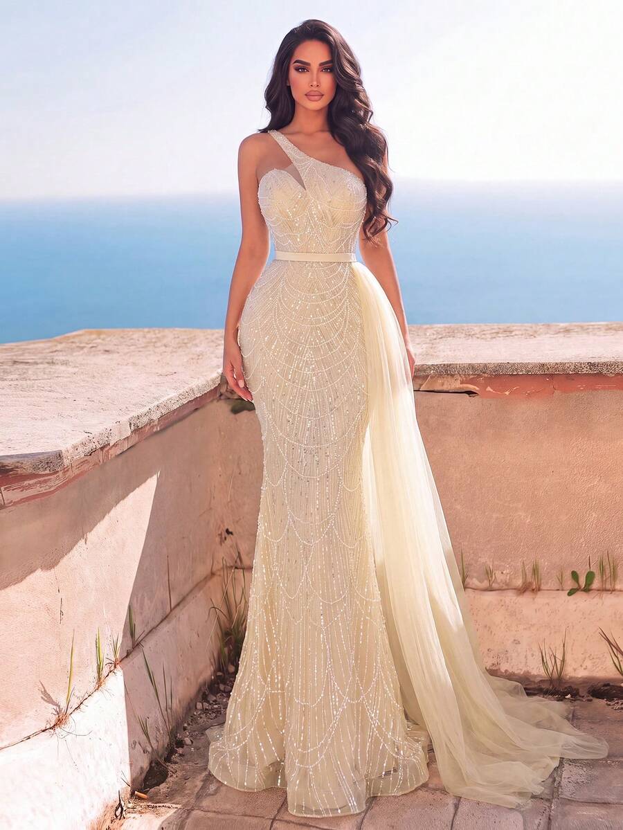 Faeriesty Haute Glamour Luxury One-Shoulder Sheer Layered Beaded Formal Evening Gown