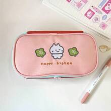 Japanese Style Fresh Cat Embroidery Pencil Case, Light Green And Soft Pink Dual Color Options, Cat And Clover Embroidery With Contrast Color, Soft And Healing. Large Capacity Multi-Compartment Design, Can Store Stationery, Cosmetics And Cards/Cameras, Dual Zipper Opening Convenient, Durable And Wear-Resistant Fabric, Suitable For Student Learning, Daily Makeup And More, Fresh And Practical Good Item. - Single Piece - View 7