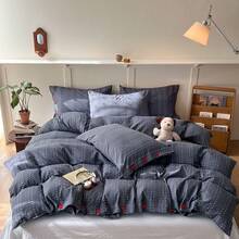 3/4-teiliges Bettbezug-Set aus garngefärbtem Stoff, heller Kontrastfarben-Stil, Knopfdekor, weich & bequem Schlafzimmer-Bettwäsche, atmungsaktive weiche Ganzjahres-Bettwäsche, enthält 1 Bettbezug, 1 Bettlaken, 1 oder 2 Kissenbezüge, ohne Füllung, geeignet für Schlafzimmer, Wohnung, Heimgebrauch, mehrere Größenoptionen - marineblau - Übersicht 11