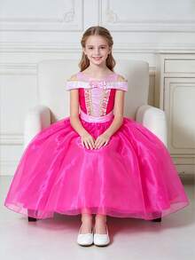 Young Girl Colorblock Pleated Cute Dress, Suitable For Party And Banquet - Hot Pink - View 6